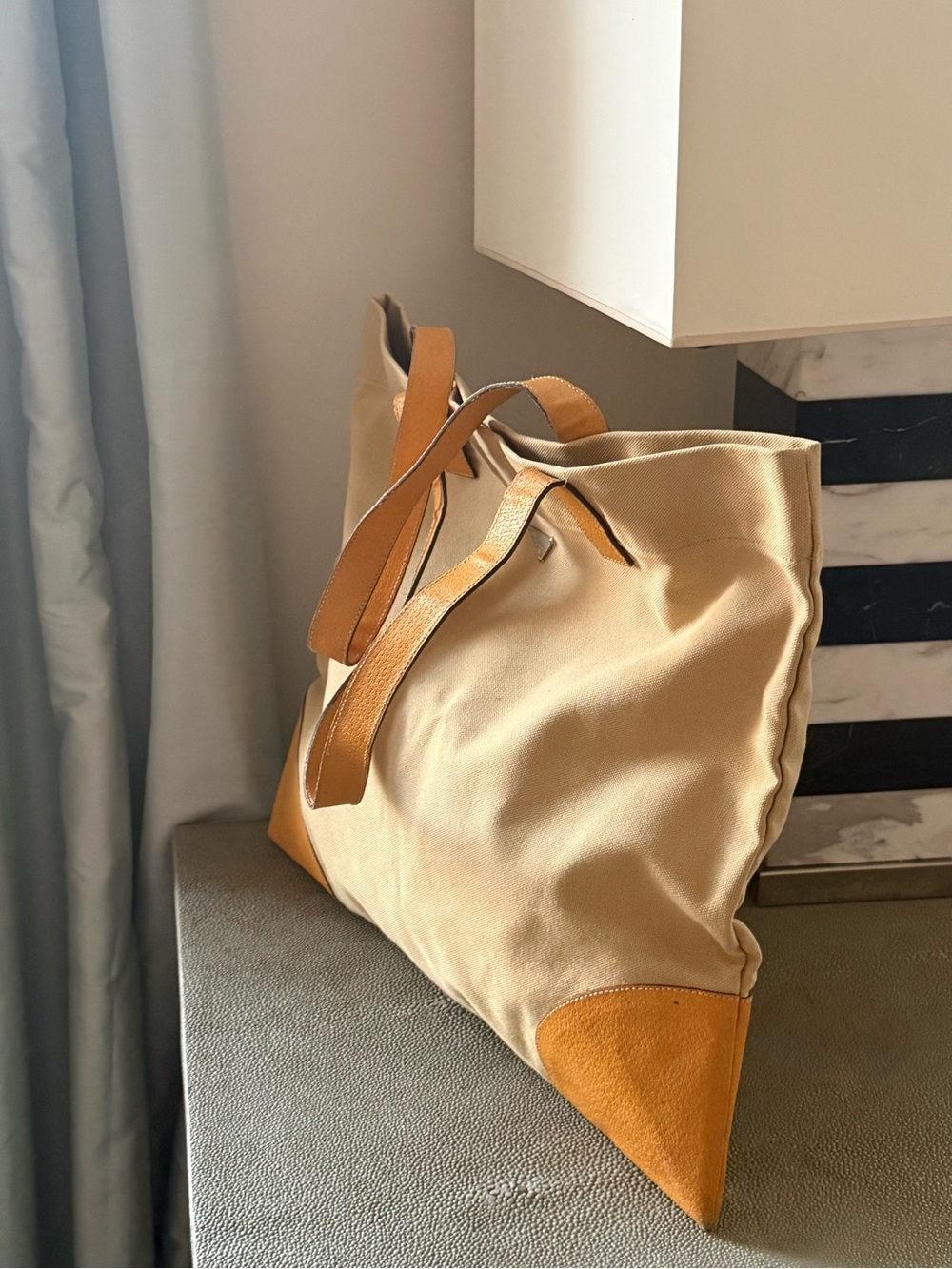 Prada Large Canapa Canvas Tote with Ochre Yellow Cinghiale Boarskin Appliqué - Picture 7 of 14